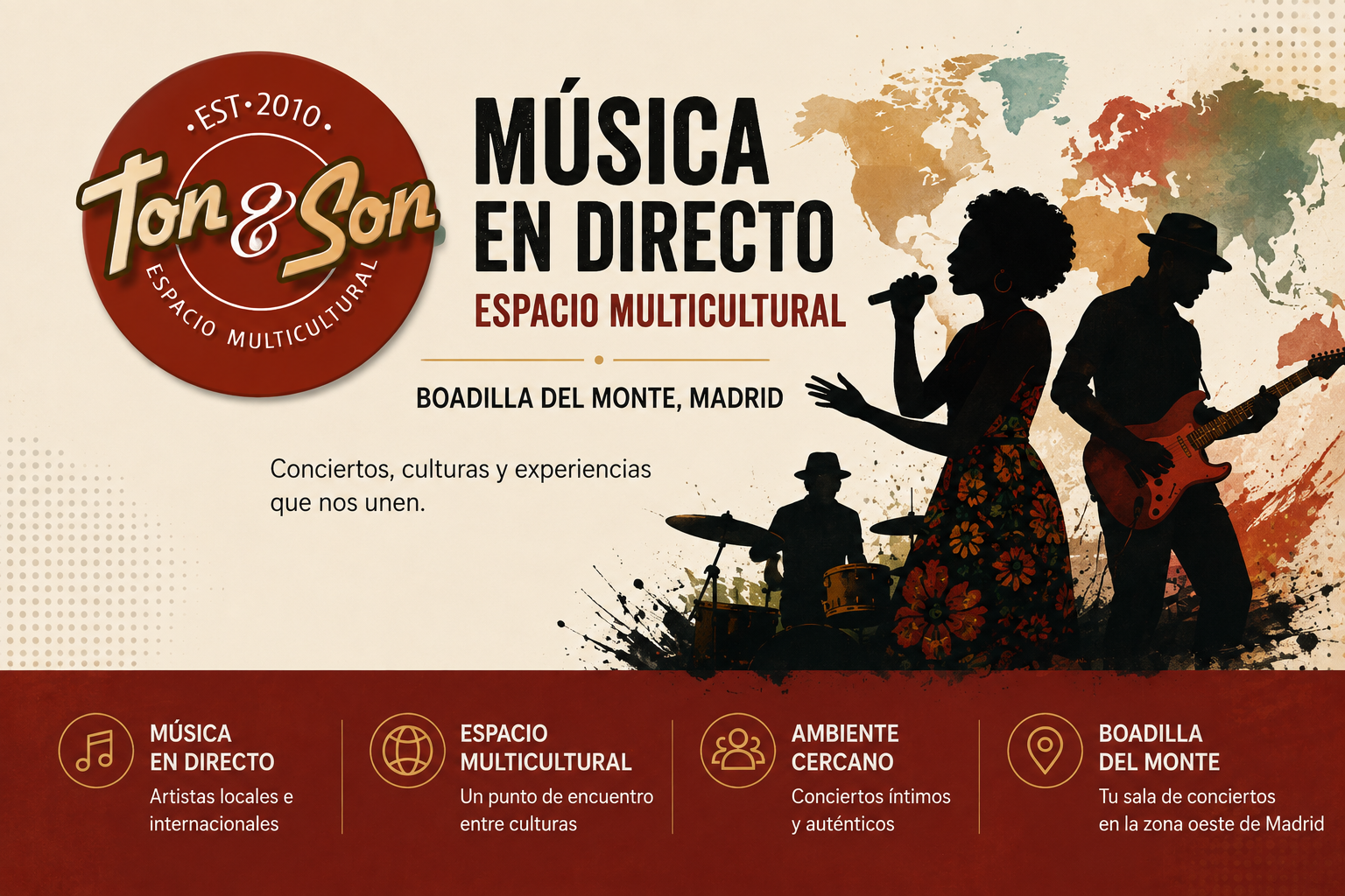 Descubre Ton y Son, espacio multicultural de música en directo en Boadilla del Monte, Madrid. Conciertos, artistas y culturas en un ambiente único.